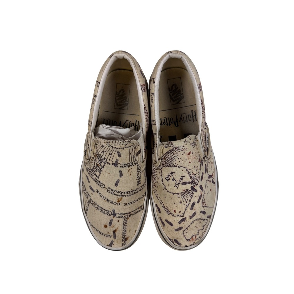 Vans Harry Potter Marauder's Map Slip On Shoes Mens 6.5 Womens 8 Cream Tan